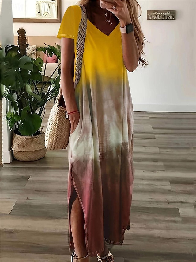  Mulheres Vestido casual Vestido T shirt Tintura Tie Dye Bolsos Imprimir Decote V Vestido Longo Vestido Maxi à moda Casual Diário Encontro Manga Curta Verão