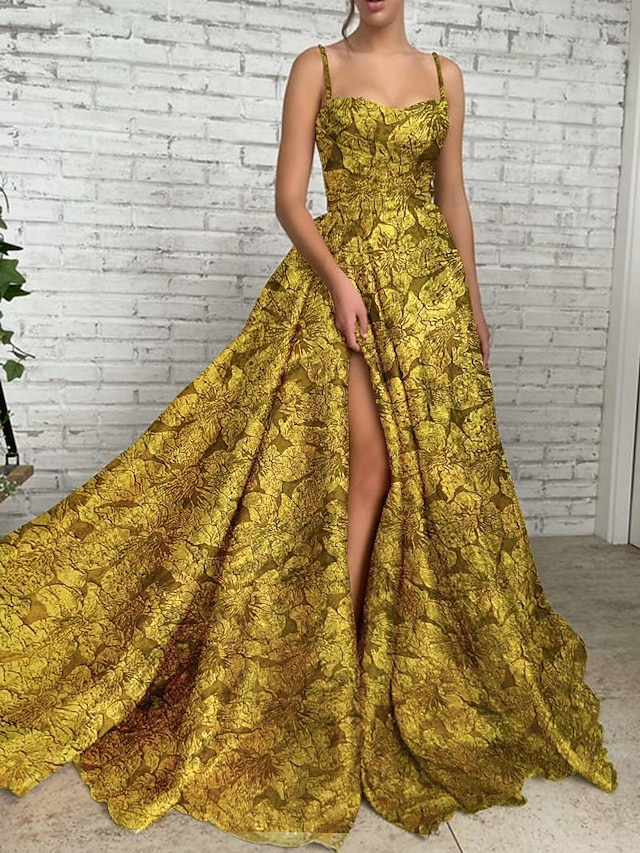 A-Line Gold Dresses Evening Gown High Split Dress Formal Court Train Sleeveless Spaghetti Strap Sequined with Glitter Pleats Ruched Wedding Guest Dress3