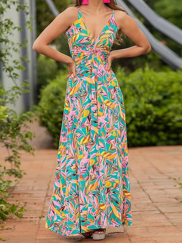 robe décontractée pour femme robe trapèze robe nuisette feuille florale dos nu imprimé bretelles robe longue robe maxi hawaïenne décontractée tous les jours vacances sans manches été