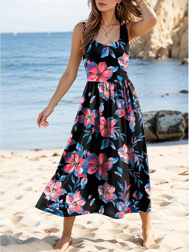  Mujer Floral Frunce Cuello Barco vestido largo vestido largo Verano