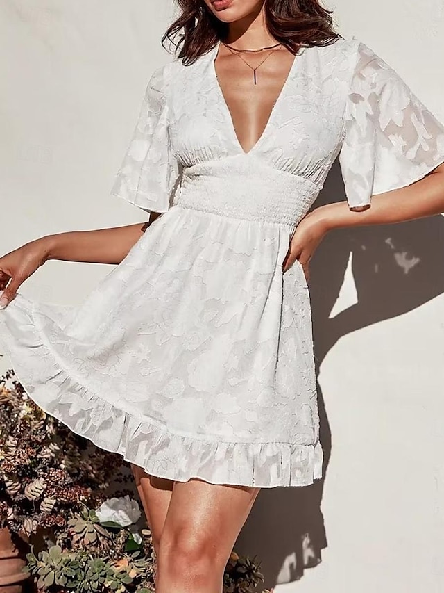  Damen Weißes Kleid Minikleid Spitze Rüsche Urlaub Strand Strassenmode Basic V Ausschnitt Kurzarm Weiß Farbe