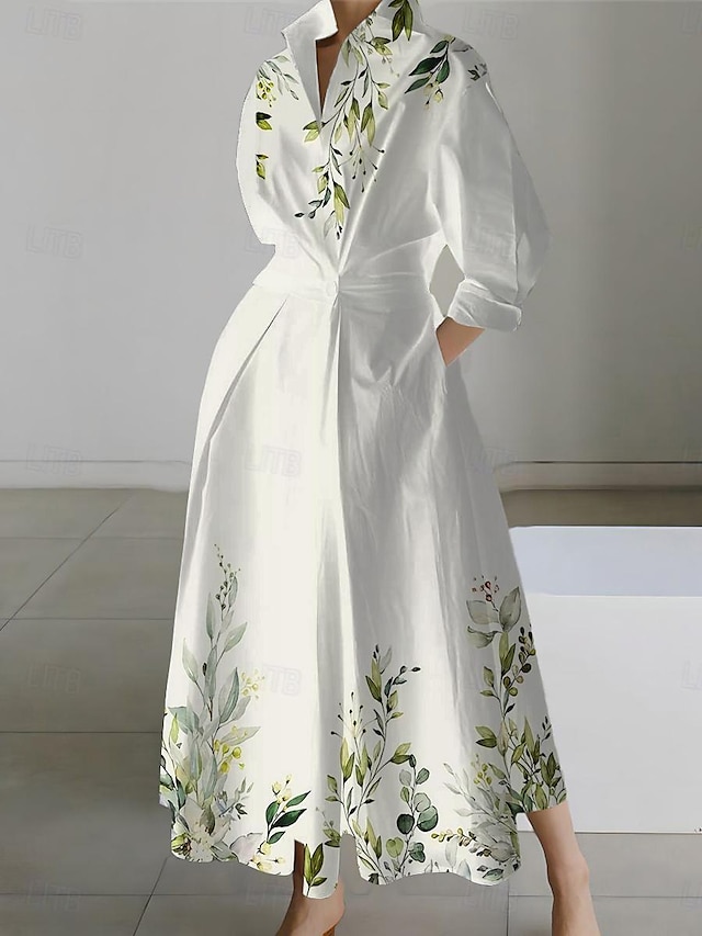 skjortklänning för kvinnor ledig klänning svängklänning maxi lång klänning utomhus kontor dagligt mode modern skjortkrage knappficka långärmad vår höst lös passform blommigt blad