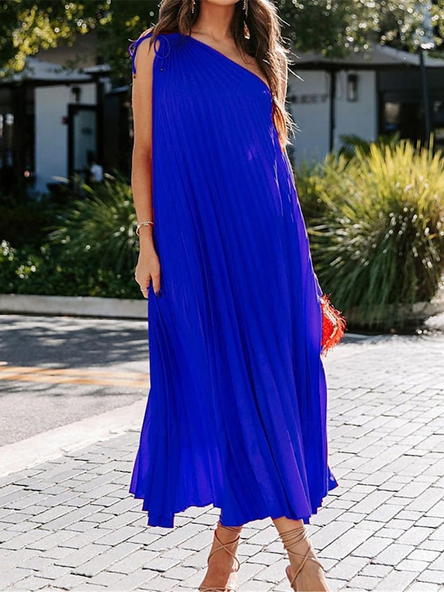  Women's Casual Dress Midi Dress Pleated Vacation Streetwear Basic One Shoulder Sleeveless Yellow Blue Color