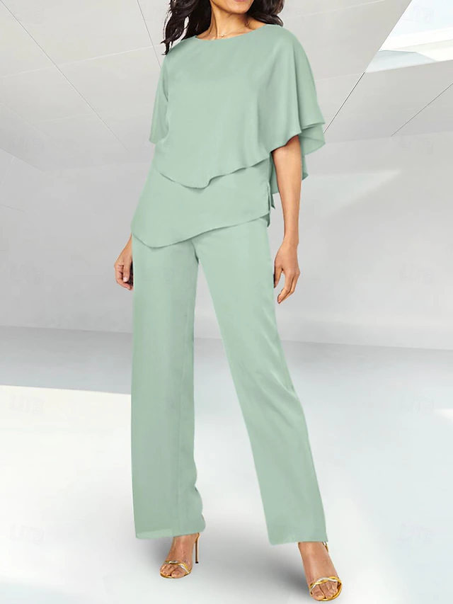 Two Piece Mother of the Bride Beach Wedding Elegant Petite Jewel Neck Floor Length Chiffon Short Sleeve with Ruched 5