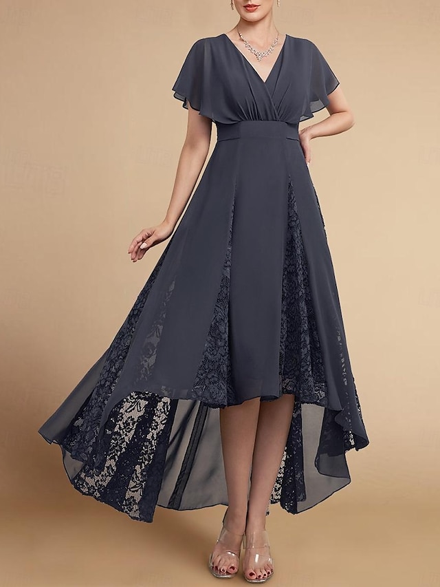  A-Line Mother of the Bride Dress Formal Wedding Guest Elegant High Low V Neck Tea Length Chiffon Lace Short Sleeve with Lace 2024