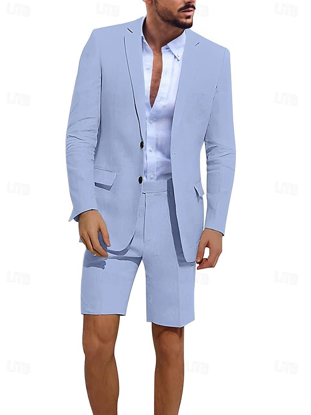  hellblaue Leinenanzüge für Herren, Sommer, Strand, Hochzeit, Shorts, Weste, Hochzeitsanzüge, zweiteilig, einfarbig, maßgeschneiderte Passform, einreihig, zwei Knöpfe, 2024