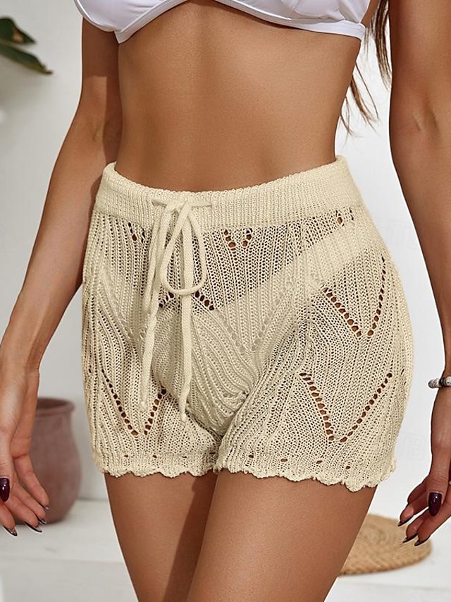  Per donna Pantaloncini Informale Breve Liscio A cordoncino Tagliato Uncinetto Traspirabilità Comodo Media elasticità Spiaggia Fine settimana Nero Bianco Cachi Estate Standard