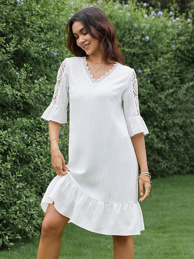  Women's White Dress Mini Dress Lace Elegant V Neck Sleeveless White Color