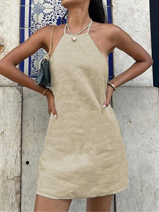 Women's Brown Summer Spring Mini Dress Cotton Linen Dresses Casual Dress Strap Dress Basic Modern Vacation Daily Weekend Loose Fit Plain Halter Neck 17