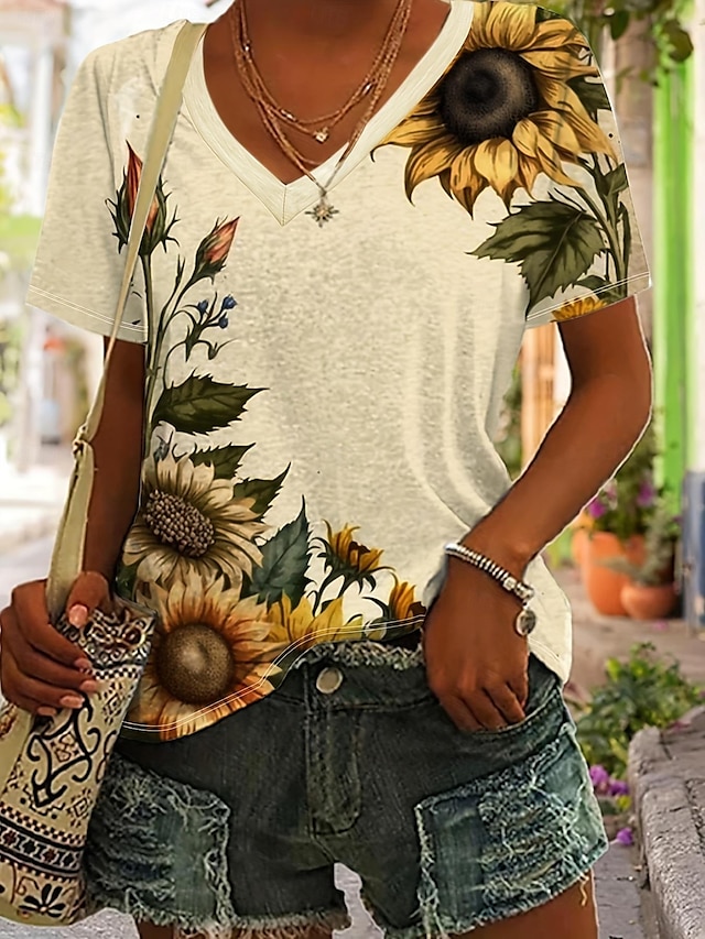  Women's T shirt Tee Sunflower Print Vacation Weekend Fashion Short Sleeve V Neck Beige Summer