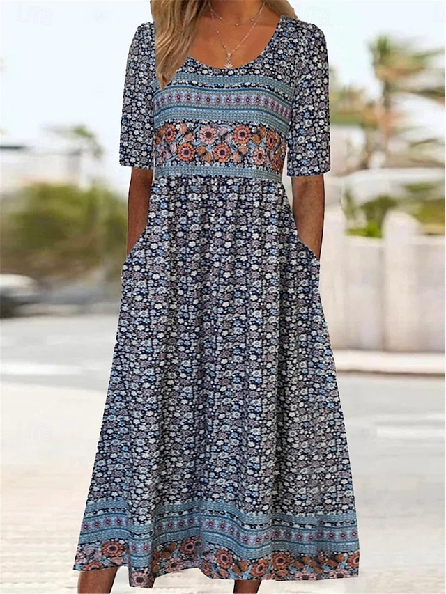  Γυναικεία Καθημερινό φόρεμα Φλοράλ Τσέπη Στάμπα Στρογγυλή Ψηλή Λαιμόκοψη Μίντι φόρεμα Etnic Καθημερινό Καθημερινά Ημερομηνία Κοντομάνικο Καλοκαίρι