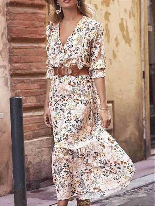  Women's Casual Dress A Line Dress Floral Print V Neck Long Dress Maxi Dress Stylish Casual Daily Date Half Sleeve Summer