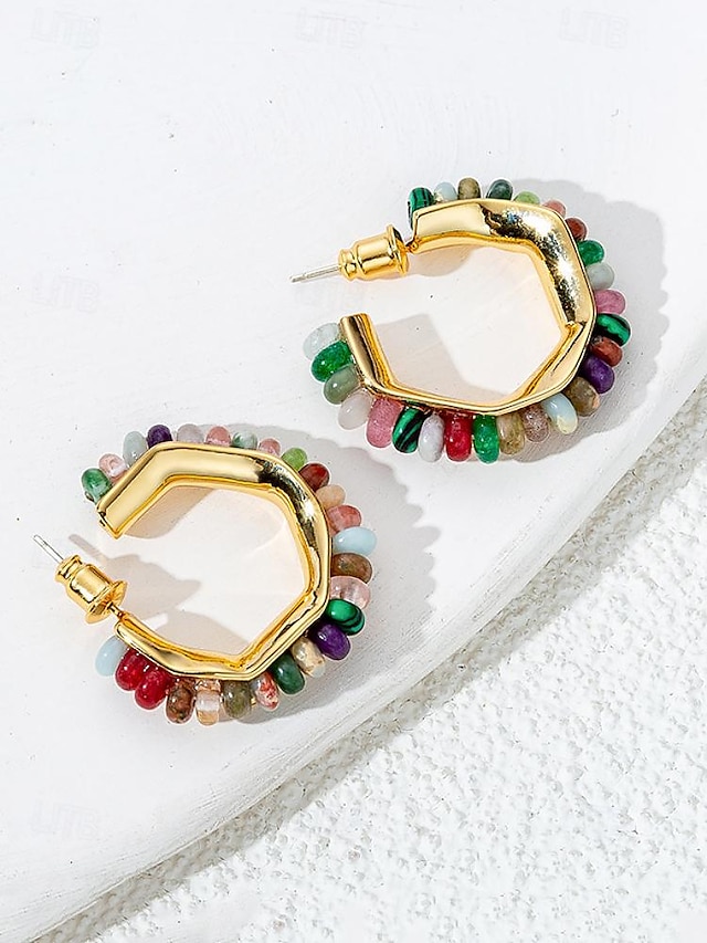  Women's Hoop Earrings Natural stone earrings Brass Gemstone Sterling Silver Bohemia