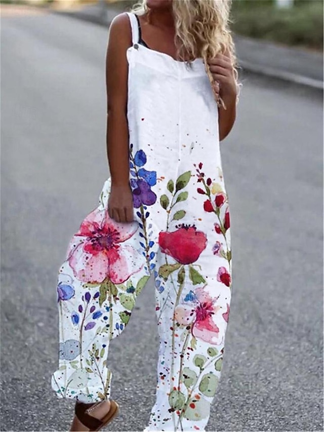  Women's Normal Overall Streetwear Floral Sleeveless Square Neck Print Street Daily Regular Fit White Pink Blue Summer