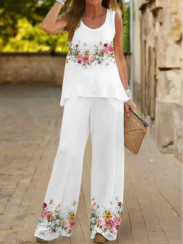 Printed Tank Top and Wide Leg Pants Set