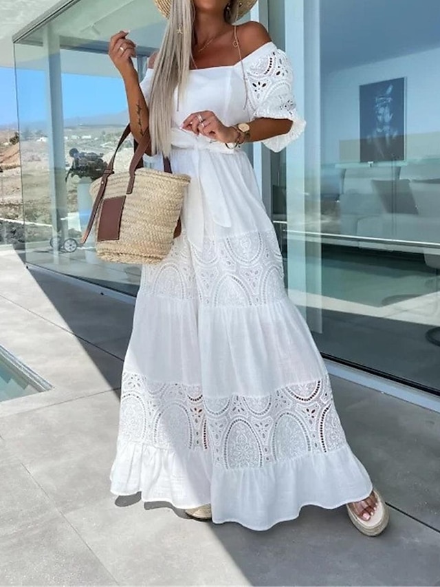  Women's White Dress Maxi Dress Lace Patchwork Date Vacation Streetwear Maxi Square Neck 3/4 Length Sleeve White Pink Purple Color
