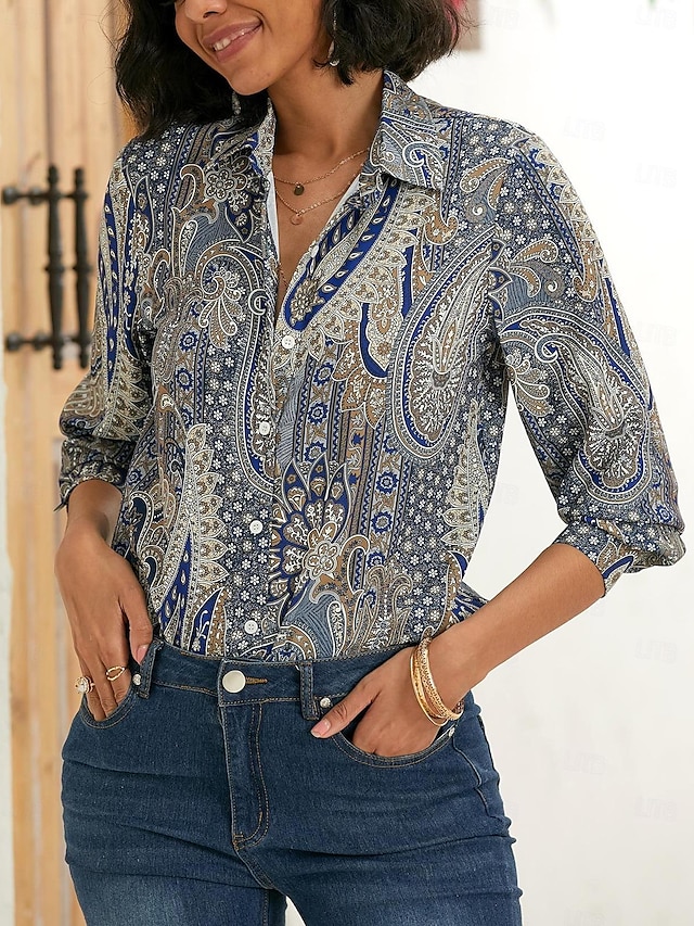  Damen Hemd Bluse Paisley-Muster Vintage Ethnisch Taste Bedruckt Casual Täglich Festtage Elegant Vintage Modisch Langarm Hemdkragen Blau Frühling Herbst