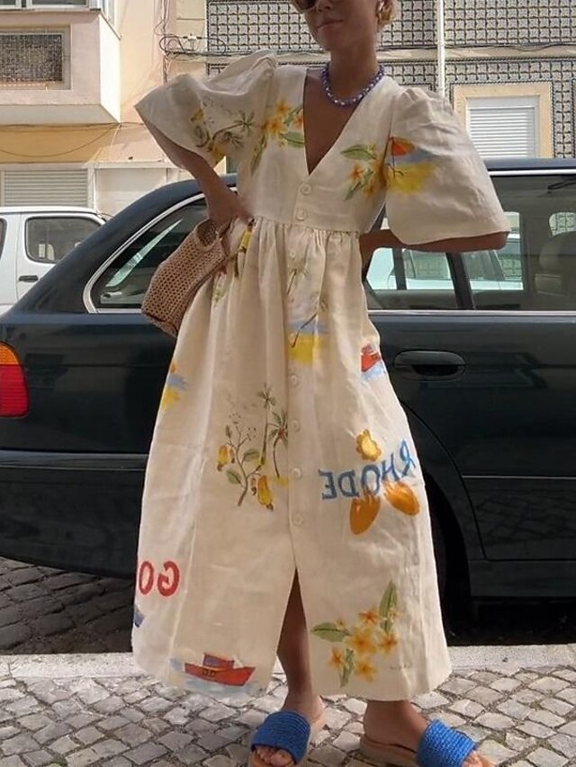 Women's Leaf Animal Print V Neck Puff Sleeve Midi Dress Bohemia Daily Vacation Short Sleeve Summer4