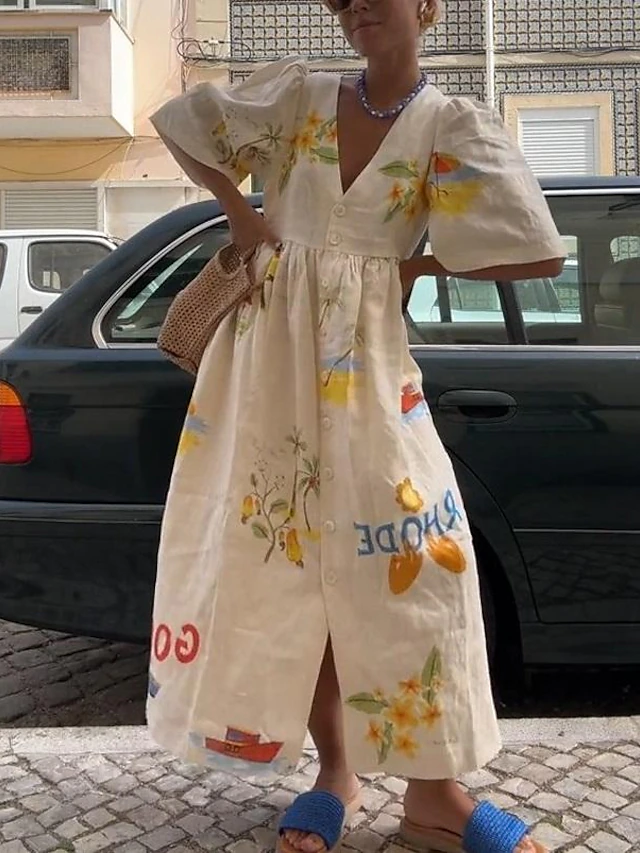 Women's Leaf Animal Print V Neck Puff Sleeve Midi Dress Bohemia Daily Vacation Short Sleeve Summer4