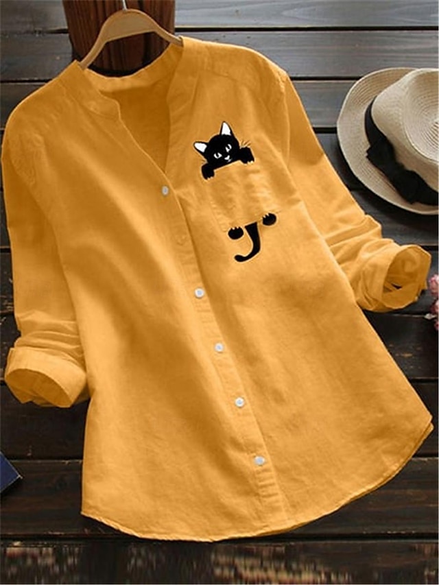  Femmes Chemise Chemisier Chemises en coton et lin Chat Basique Moderne Col en V Quotidien Imprimé Blanche Jaune Vert Véronèse Rouge Été