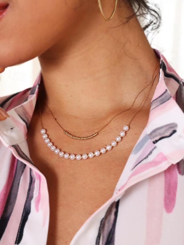  Chic Dual-Layer Gold Pearl Necklace with Spiral Chain Detail - Elegant Stainless Steel Jewelry
