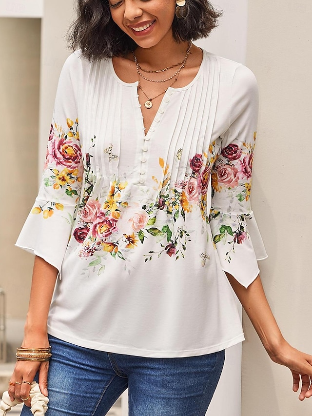  Women's Shirt Blouse Floral Casual Holiday Button Print White 3/4 Length Sleeve Basic Round Neck