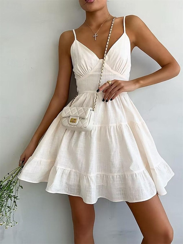  Damen Weißes Kleid Casual kleid Baumwoll-Leinenkleid Minikleid Baumwolle Rüsche Grundlegend Basic Täglich V Ausschnitt Ärmellos Sommer Frühling Weiß Glatt