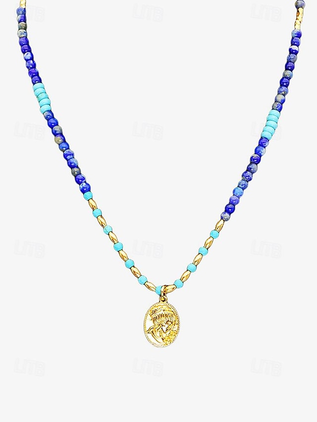  Mulheres Colares com Pendentes Colares em Corrente Colar de miçangas Azul Latão Minerais Naturais Elegante Boêmia Moda Redonda