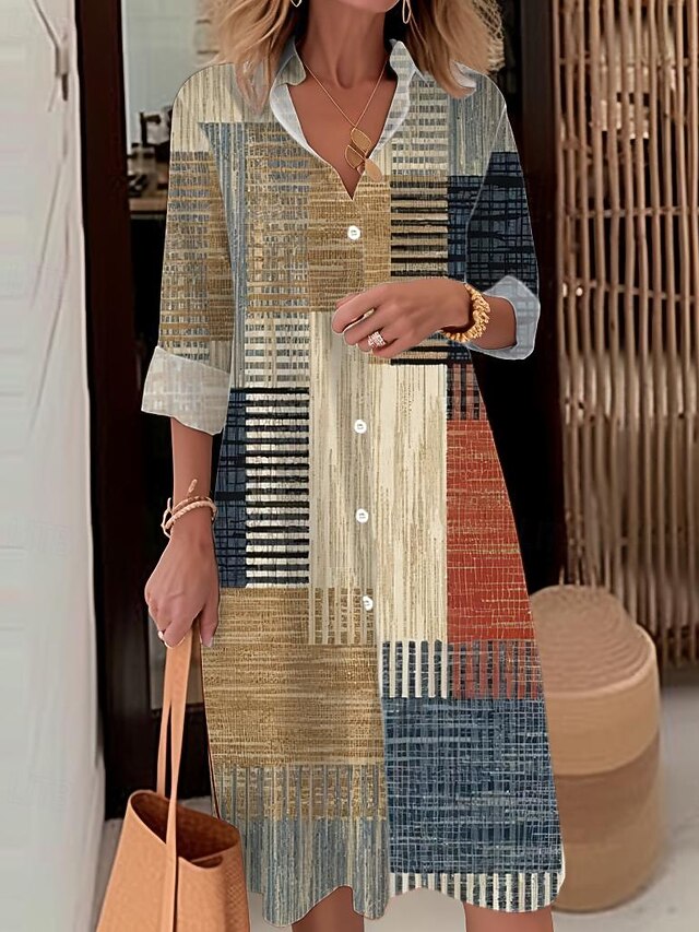 Women's Midi Dress Shirt Dress Casual Dress Outdoor Office Daily Fashion Modern Shirt Collar Button Pocket Long Sleeve Fall Winter Loose Fit Plaid Striped 7