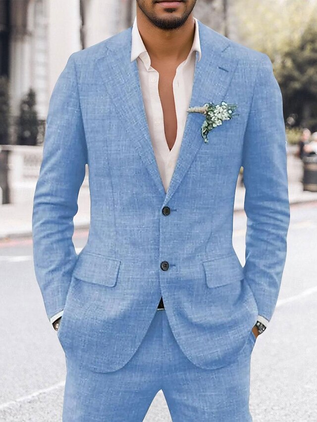  Blue Men's Linen Suits Spring/Summer Beach Wedding Suits 2 Piece Solid Colored Tailored Fit Single Breasted Two-buttons 2024