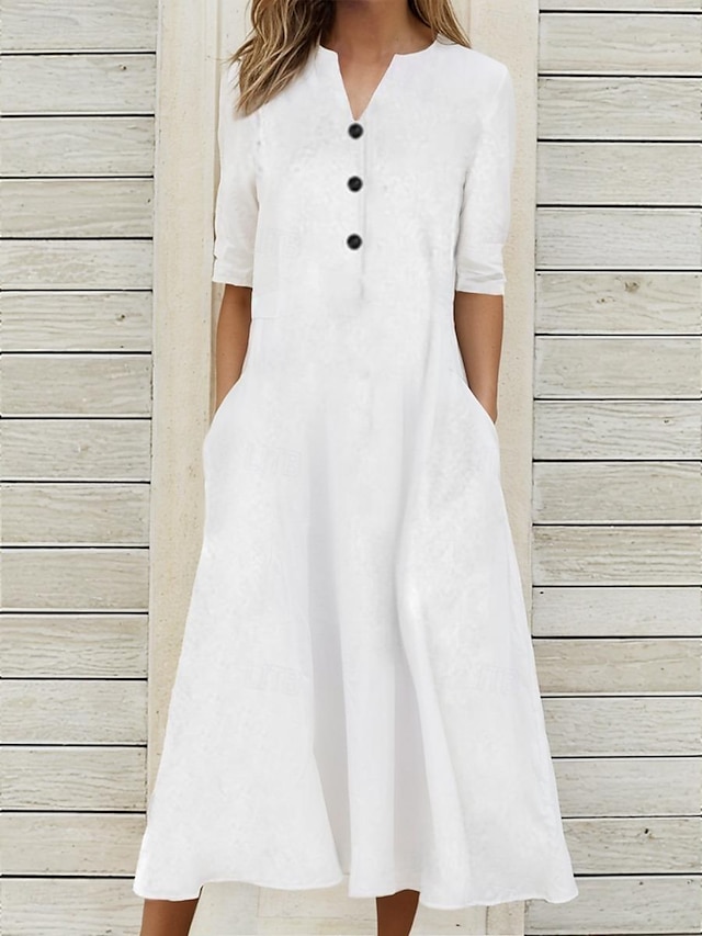  Mulheres Vestido branco Vestido de linho Vestido de algodão branco Vestido Longo Botão Bolsos Casual Diário Pescoço Dividido Meia Manga Verão Primavera Preto Branco Tecido
