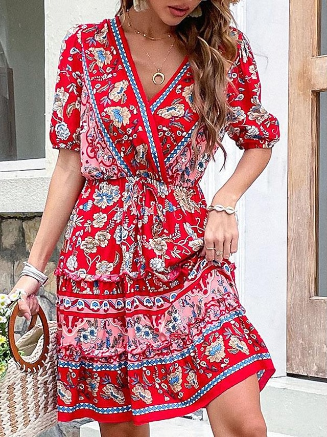  Γυναικεία Καθημερινό φόρεμα Φόρεμα σε γραμμή Α Φλοράλ Στάμπα Λαιμόκοψη V Μίνι φόρεμα Στυλάτο Etnic Καθημερινά Ημερομηνία Κοντομάνικο Καλοκαίρι