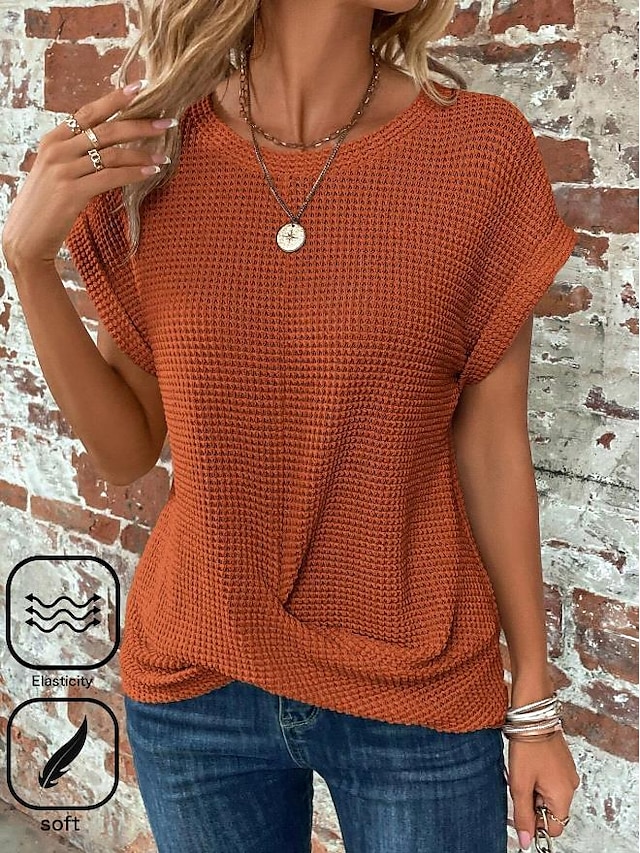 Women's Blouse Knotted Daily Vacation Going out Elegant Bohemia Short Sleeve Crew Neck Orange Summer