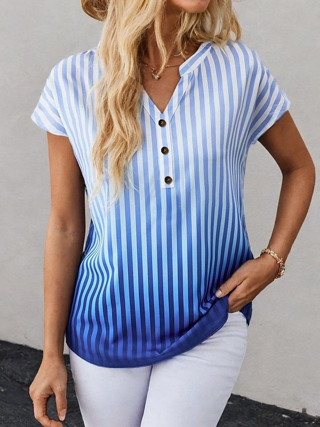  Women's T shirt Tee Ombre Striped Button Print Daily Going out Stylish Short Sleeve V Neck Blue Summer