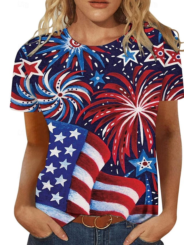  Жен. Футболка Американский флаг С принтом выходные День независимости Мода С короткими рукавами Круглый вырез Черный Лето