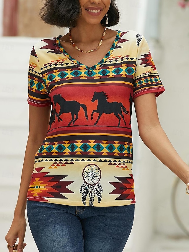  Dames T-shirt Geometrisch Afdrukken Dagelijks Weekend Vintage Etnisch Korte mouw V-hals Rood