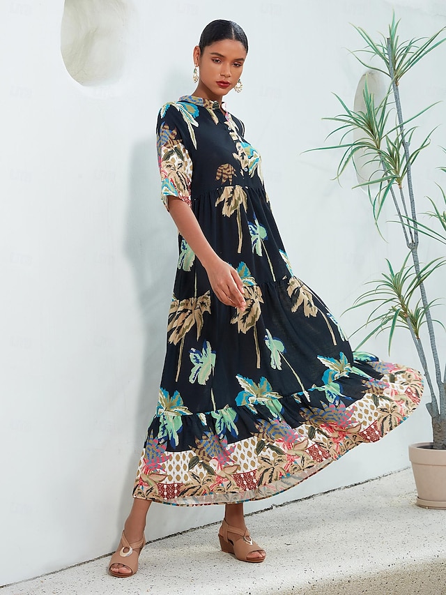  Tropical Half-Sleeve Elastic Maxi Dress