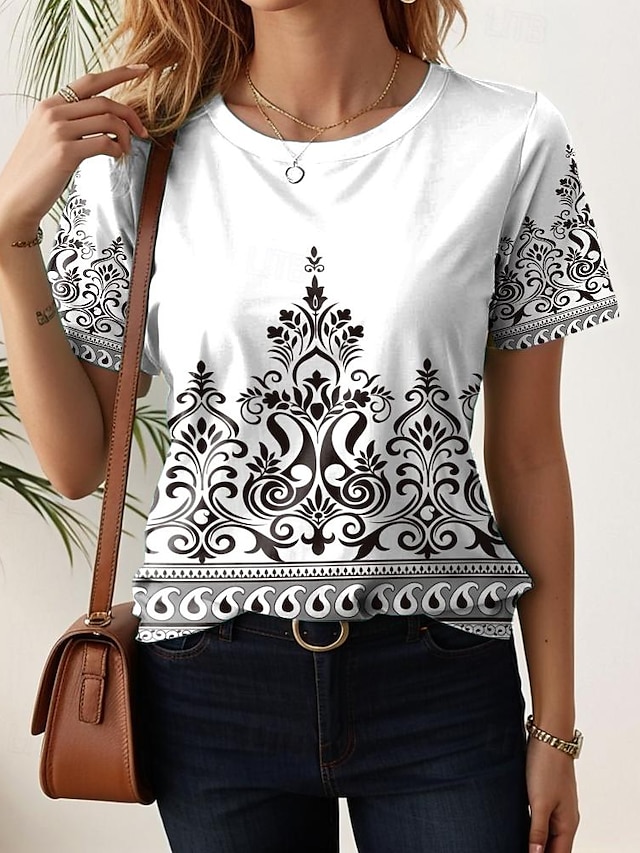  Naisten T-paita Geometrinen Päivittäin Loma Böömi Vintage Tyylikäs Lyhythihainen Tiukka pyöreä kaula-aukko Valkoinen Kesä