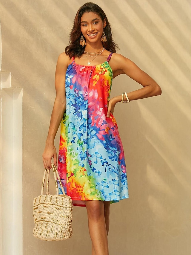  Dames strand jurk Regenboog Ster Afdrukken Spaghettibandjes Mini-jurk Tropisch Casual Dagelijks Vakantie Mouwloos Zomer Lente