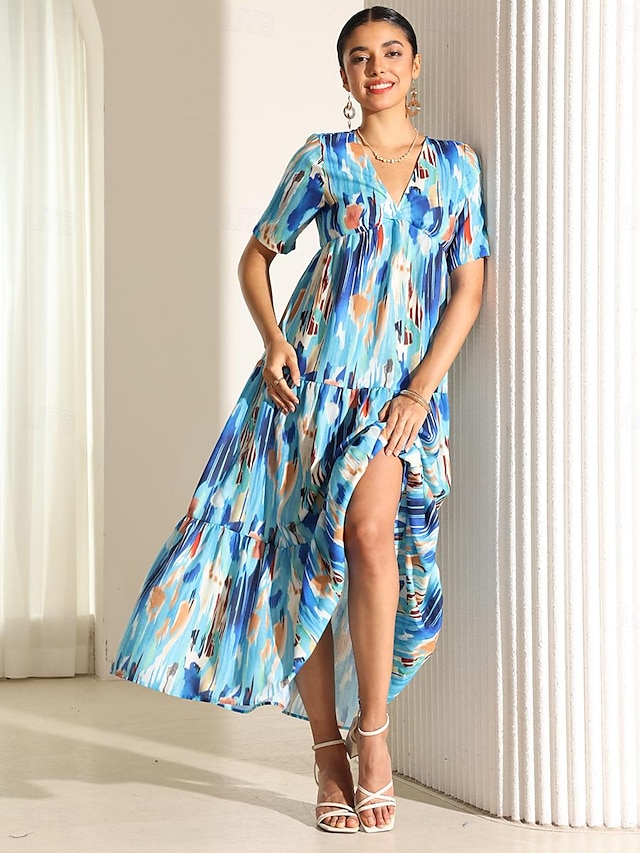  Women's Chiffon Swing Dress Ombre Abstract Ruffle Tiered V Neck Maxi Dress Bohemia Stylish Vacation Beach Short Sleeve Summer