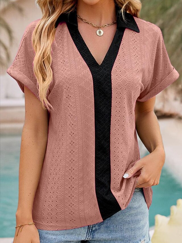 Women's Shirt Tunic Plain Short Sleeve V Neck Shirt Collar Work Daily Sage Green Pink Rose Pink Summer 8