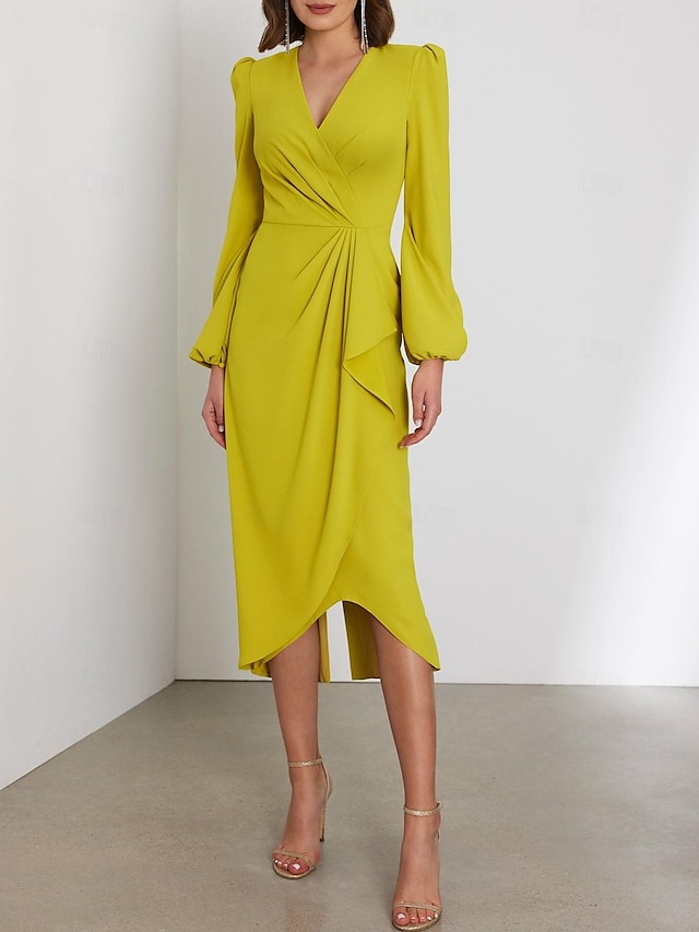  Sheath Wedding Guest Dresses Elegant Dress Formal Cocktail Party Tea Length Long Sleeve V Neck Stretch Chiffon with Ruched