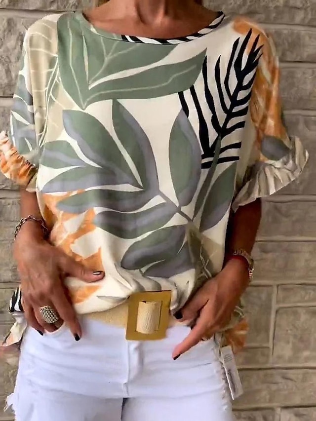  Per donna maglietta Floreale Di tendenza Manica corta Rotonda Top regolari Da mare Fine settimana Con balze Stampa Verde Beige Grigio Azzurro Estate