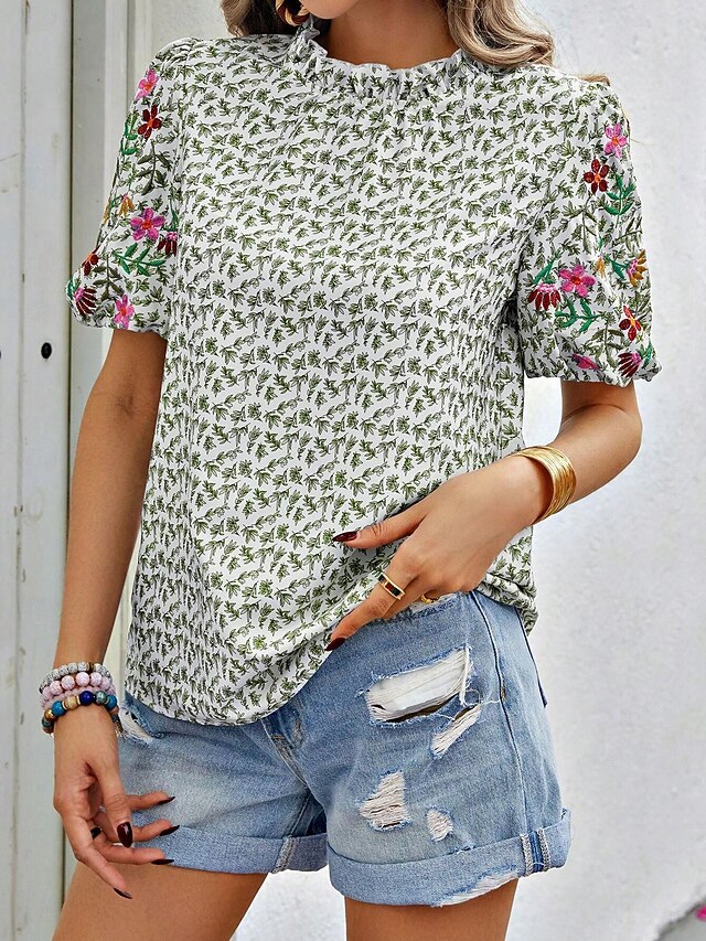 Women's Shirt Blouse Casual Floral Print Short Sleeve Regular Tops Crew Neck Daily Black Pink Blue Green Summer 14