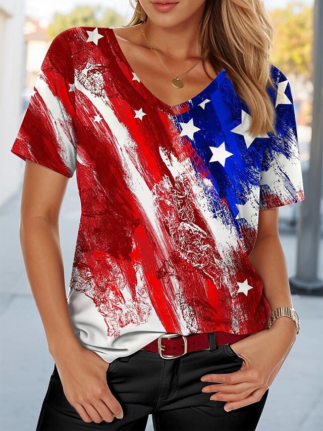 Women's Patriotic T Shirt American Flag Casual Red White And Blue Short Sleeve V Neck Regular Tops Daily Red Summer 7