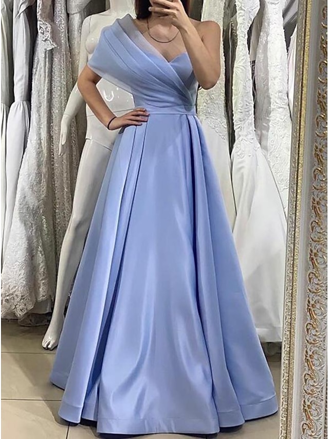  A-Line Evening Gown Elegant Dress Wedding Guest Prom Floor Length Sleeveless One Shoulder Pocket Satin with Bow(s) 2024