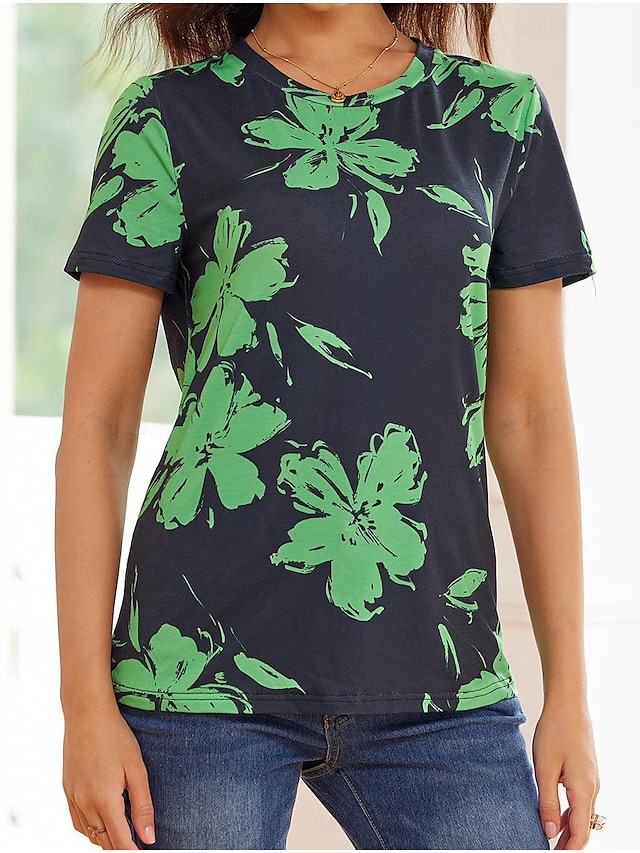  Women's T shirt Tee Floral Print Daily Fashion Short Sleeve Crew Neck Green Summer