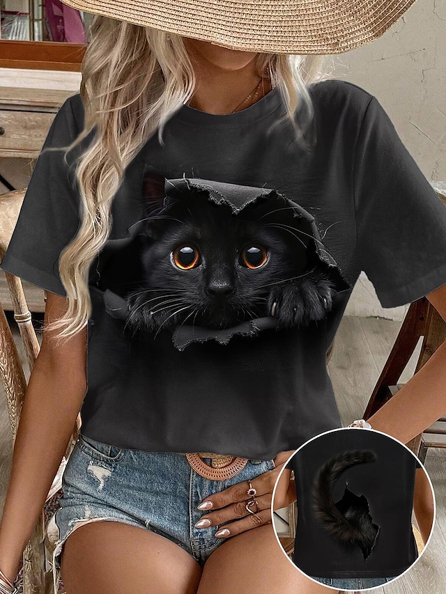  女性用 Tシャツ 3D cat 動物 プリント 日常 週末 ファッション 半袖 ラウンドネック ブラック 夏