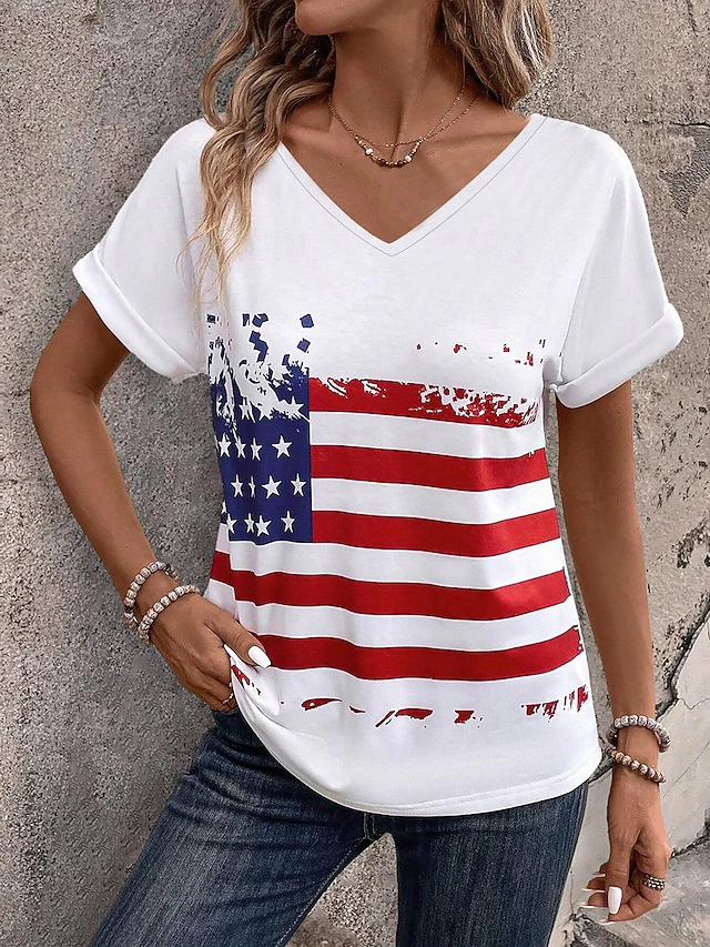 Women's Patriotic T Shirt American Flag Print V Neck Red White And Blue Short Sleeve Casual Summer Tee Red White Blue Comfortable Lightweight Top for Daily Wear 7