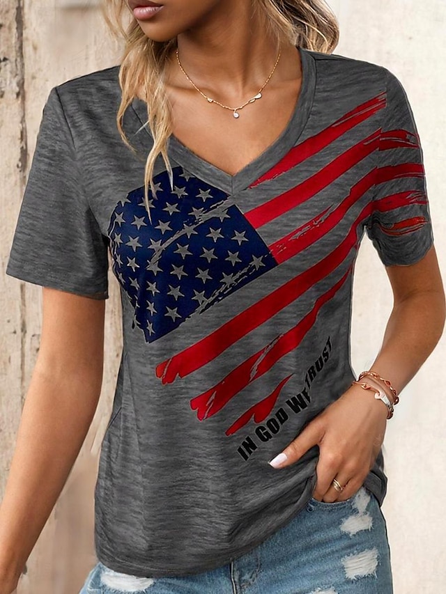  Women's T shirt Tee Flag USA Daily Independence Day Stylish Short Sleeve V Neck Dark Gray Summer